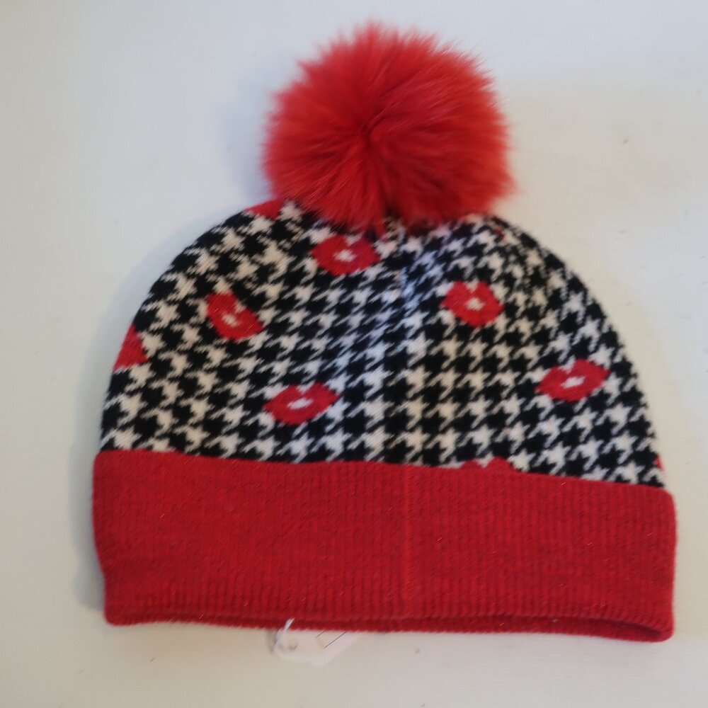 NWT Womens Tina Demel Red, Black Houndstooth & Lips Beanie Hat W/Fox Fur Ball